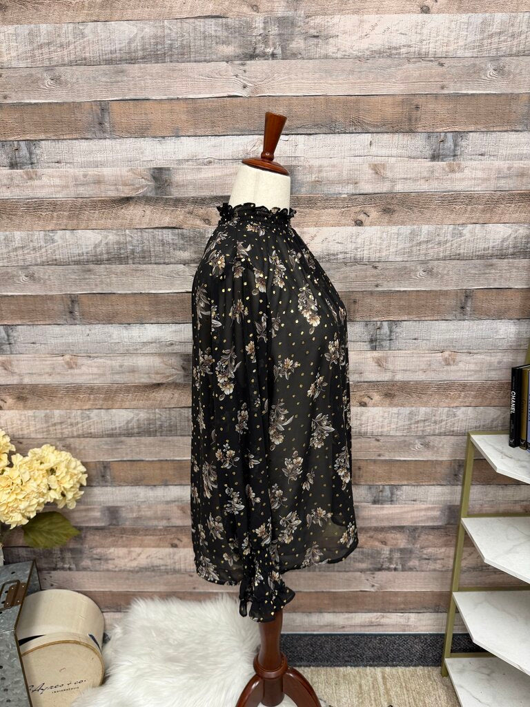 NWT Pelion Black Sheer Long Sleeve Floral Print w/Gold Polka Dots