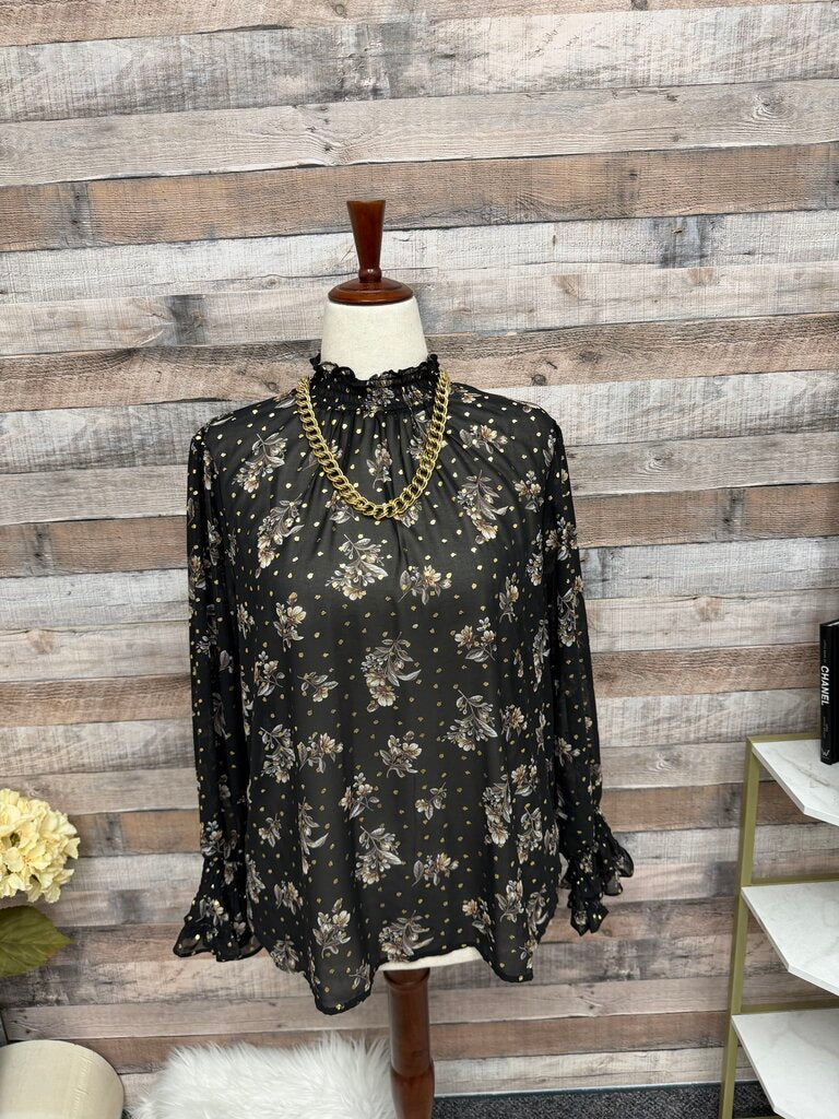 NWT Pelion Black Sheer Long Sleeve Floral Print w/Gold Polka Dots