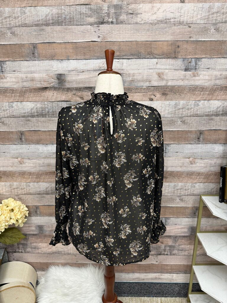 NWT Pelion Black Sheer Long Sleeve Floral Print w/Gold Polka Dots