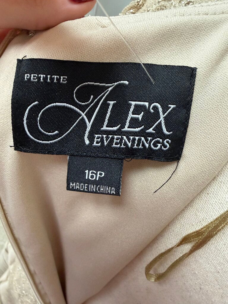 Alex Evening Tan Lace & Satin Stripe Dress