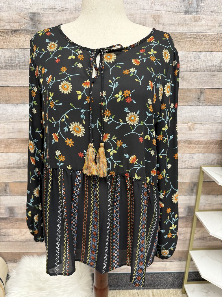 Chenault Black Orange Loral Print Peasant w/Peplum