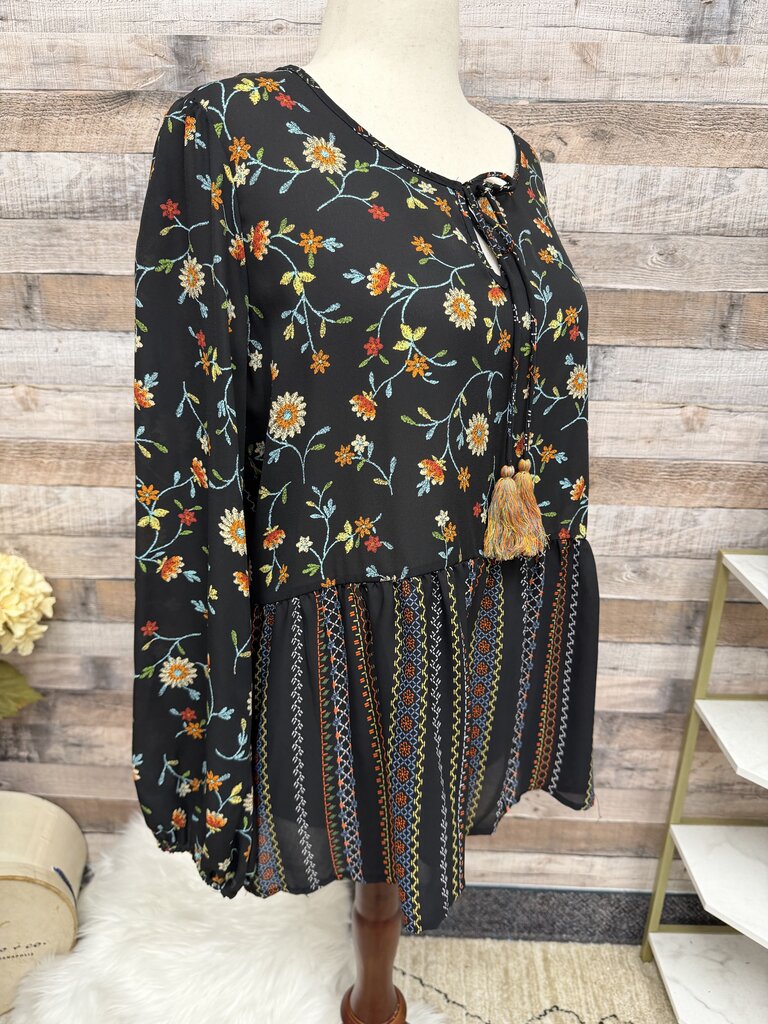 Chenault Black Orange Loral Print Peasant w/Peplum