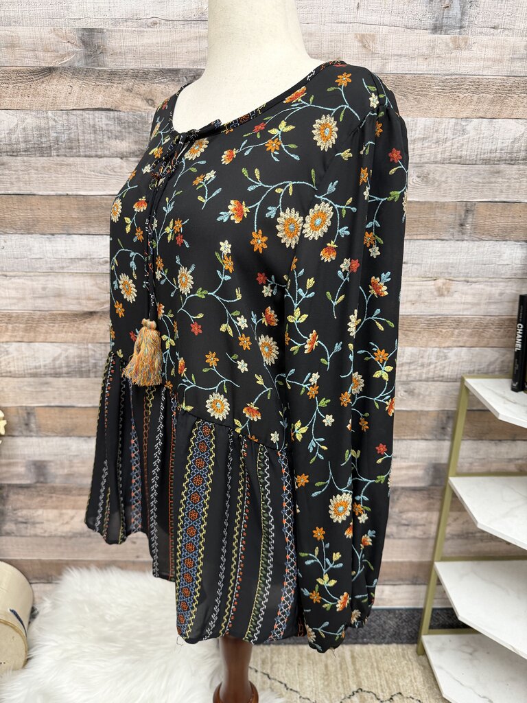 Chenault Black Orange Loral Print Peasant w/Peplum