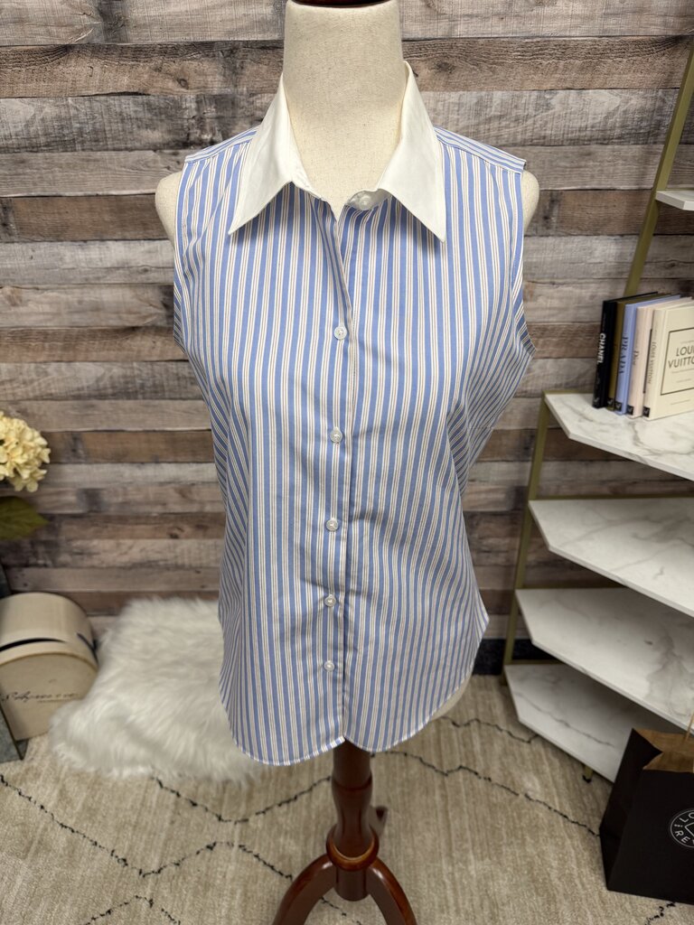 Ann Taylor Blue & White Striped Sleeveless Button Down