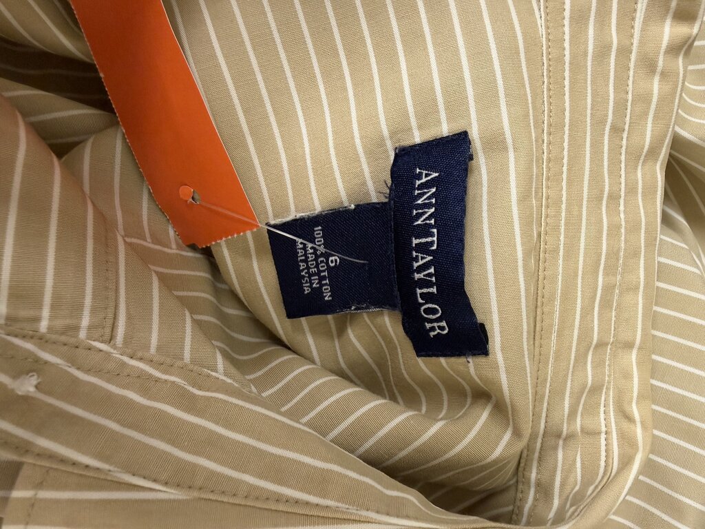 Ann Taylor Tan & White Striped Sleeveless Button Down