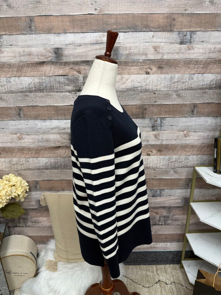 LOFT black with white stripes sweater buttons on shoulder