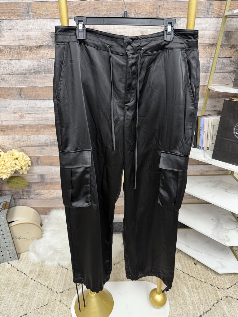 Sanctuary Black Satin Cargo Drawstring Pants