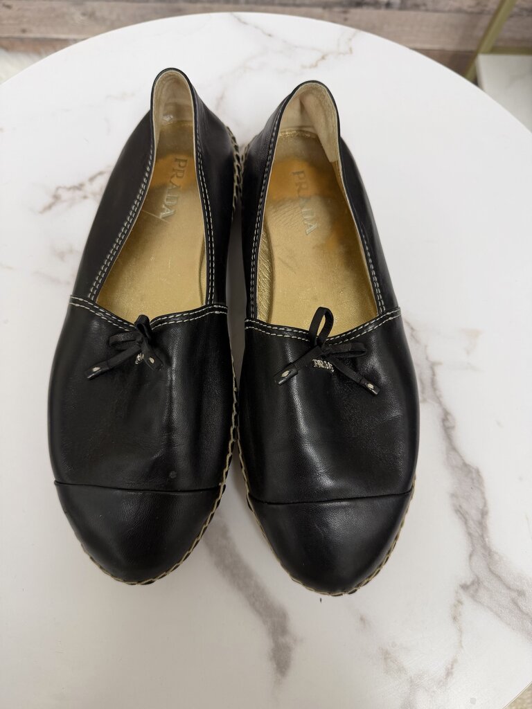 Prada Black Leather Slip-on Braided Jute Espadrilles Flats