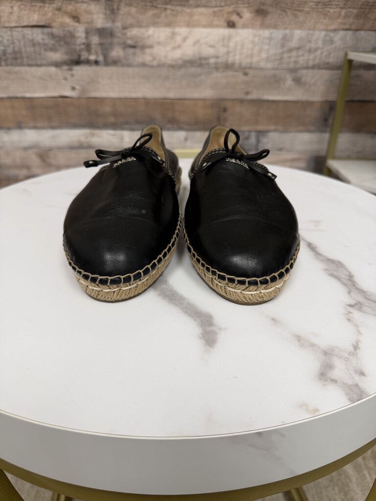 Prada Black Leather Slip-on Braided Jute Espadrilles Flats