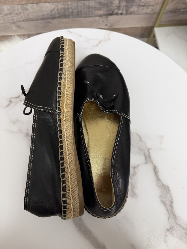 Prada Black Leather Slip-on Braided Jute Espadrilles Flats