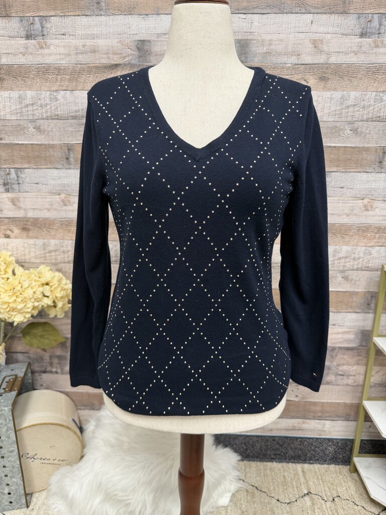 Tommy Hilfiger navy v-neck sweater with gold studded argyle pattern