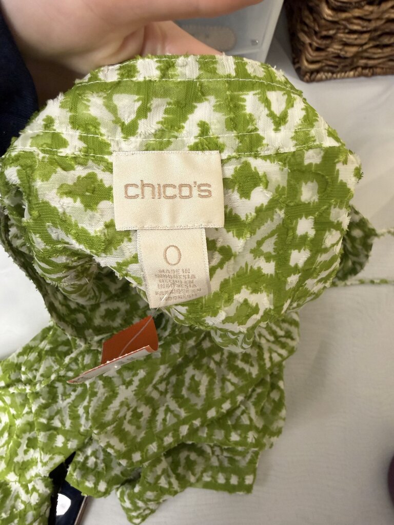 Chicos green/white semi sheer tunic top with geometric pattern
