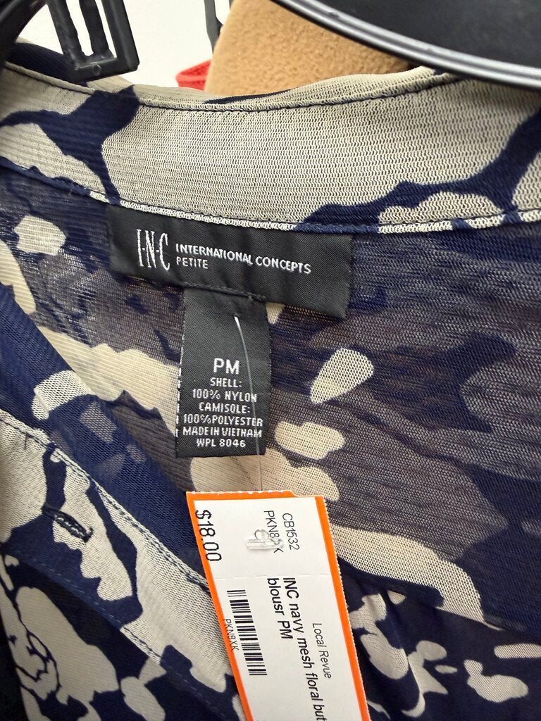 INC navy mesh floral button up blousr
