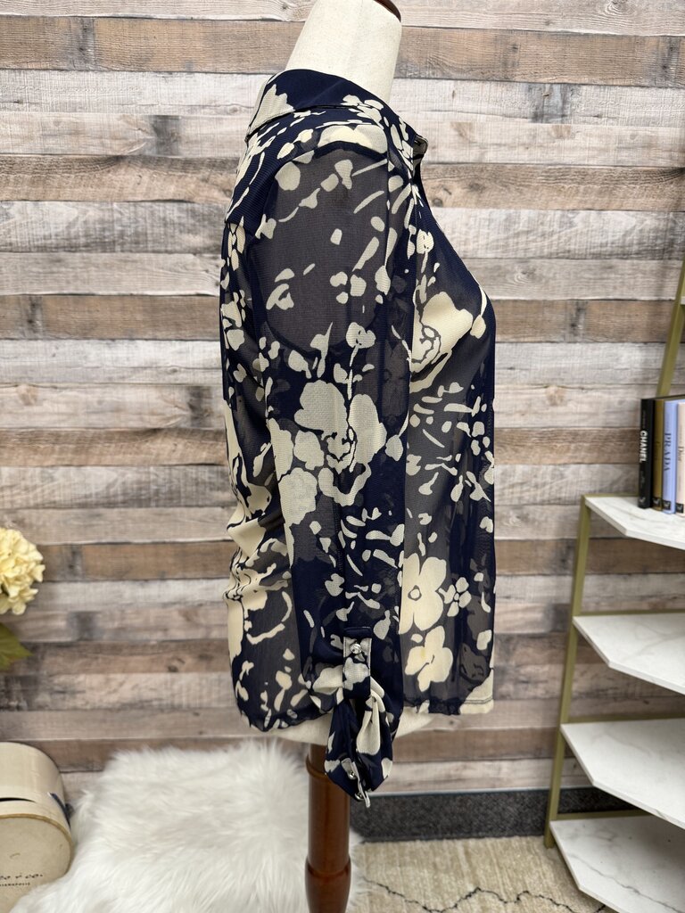 INC navy mesh floral button up blousr