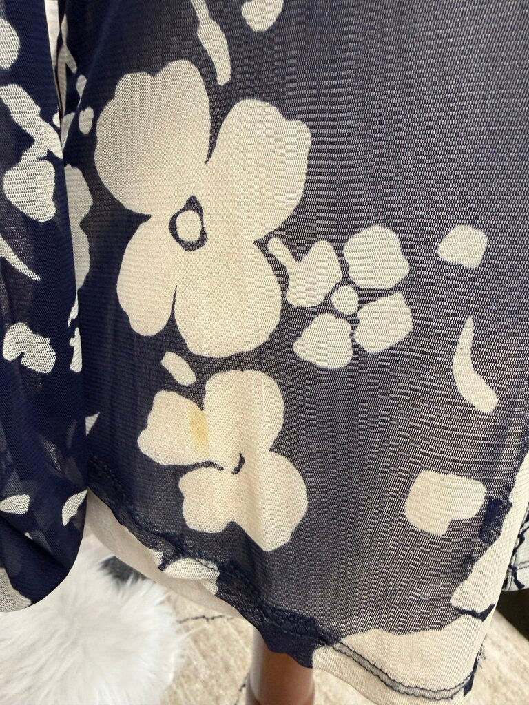 INC navy mesh floral button up blousr