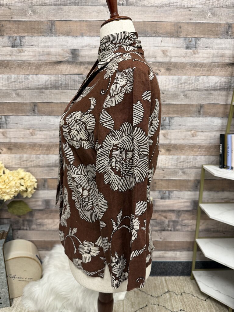 Peck and Peck brown floral linen long sleeve top with scarf