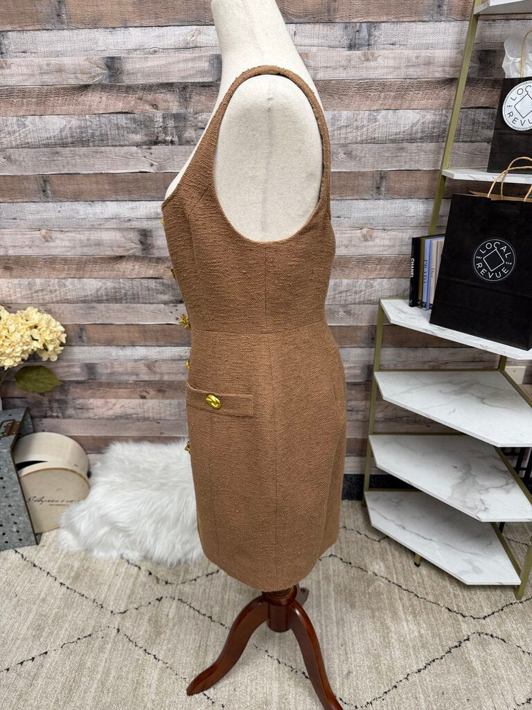 NWT L'Agence Brown Tweed Sleeveless Mini Dress With Gold Buttons