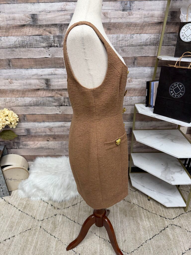 NWT L'Agence Brown Tweed Sleeveless Mini Dress With Gold Buttons