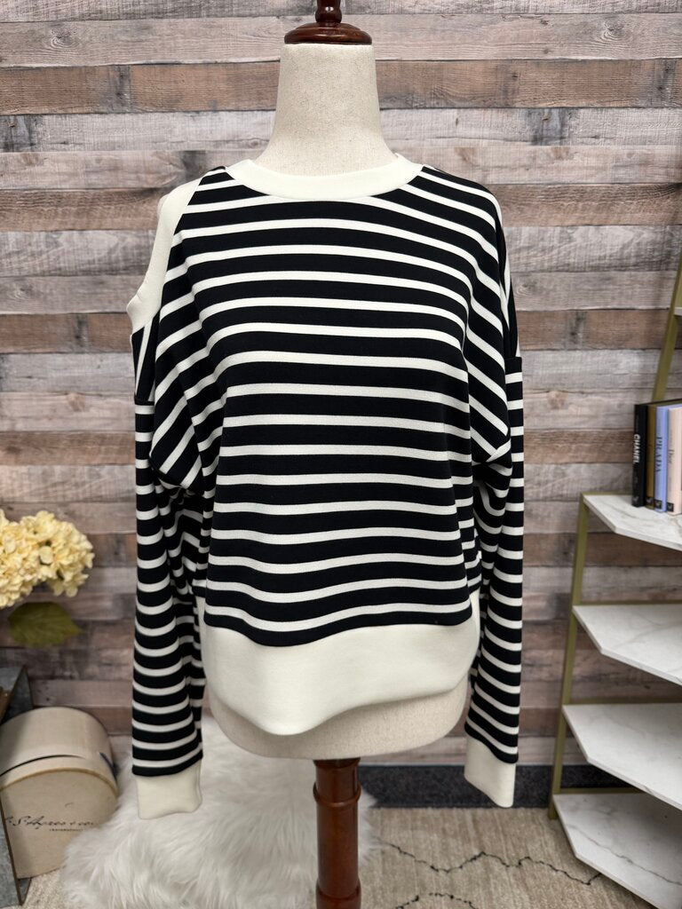 Spanx black with white stripes sweater with cut out shoulder