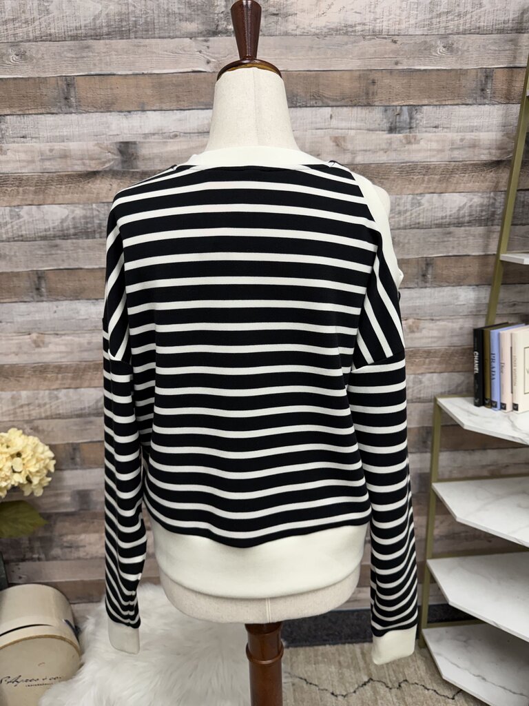 Spanx black with white stripes sweater with cut out shoulder