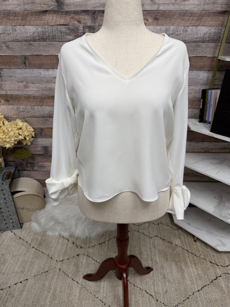 Zara White V-neck Blouse with Bow Sleeves