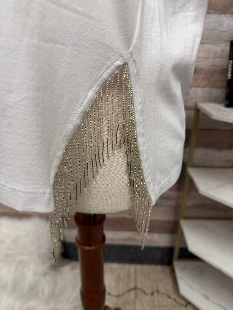 Zara White T Shirt with Tassel Hem Detail