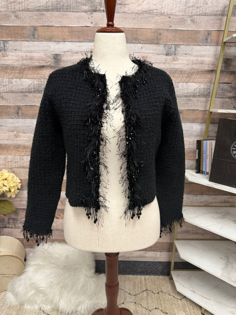 Zara Black Crop Blazer with Fray and Bead Trim