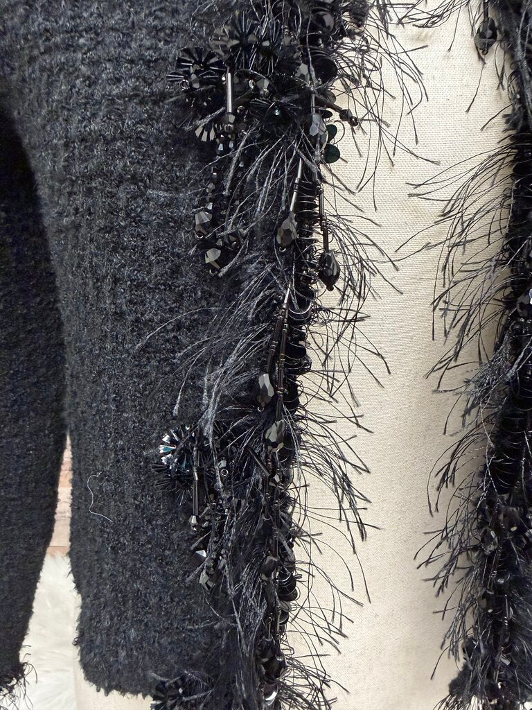 Zara Black Crop Blazer with Fray and Bead Trim