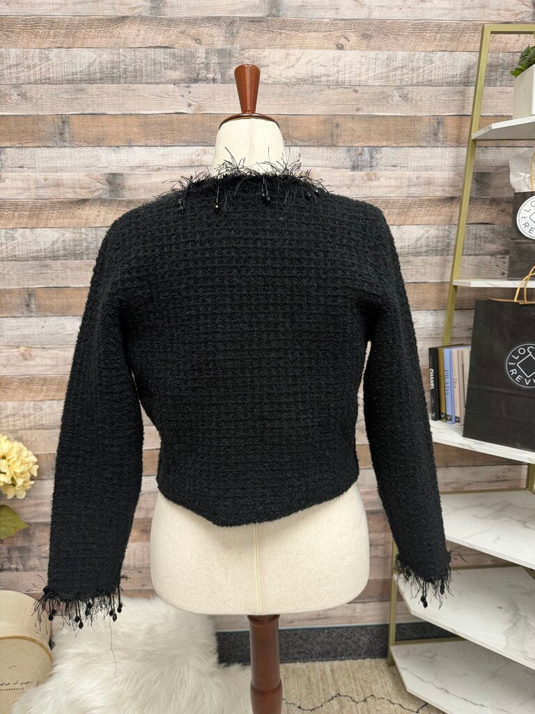 Zara Black Crop Blazer with Fray and Bead Trim
