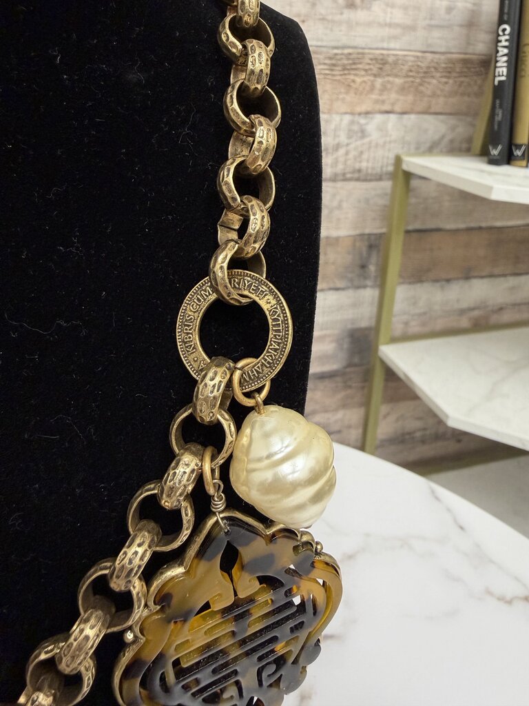 Chicos Tortishell pearl charm gold toned necklace