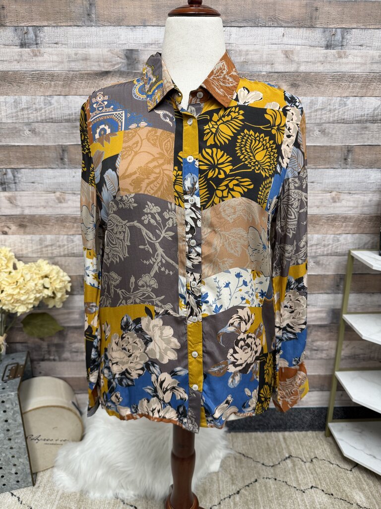 Tolani multi color floral print long sleeve button up silk blouse