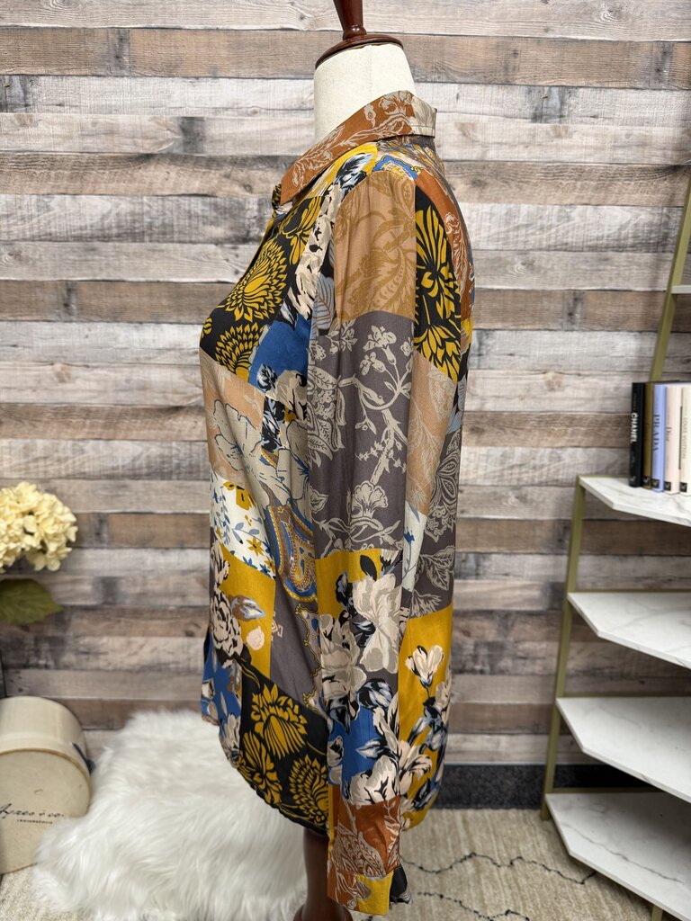 Tolani multi color floral print long sleeve button up silk blouse