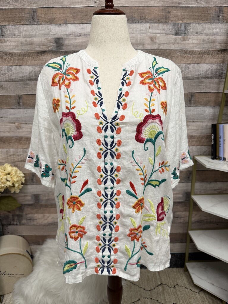Johnny Was floral embroidery linen blouse w/ v neck