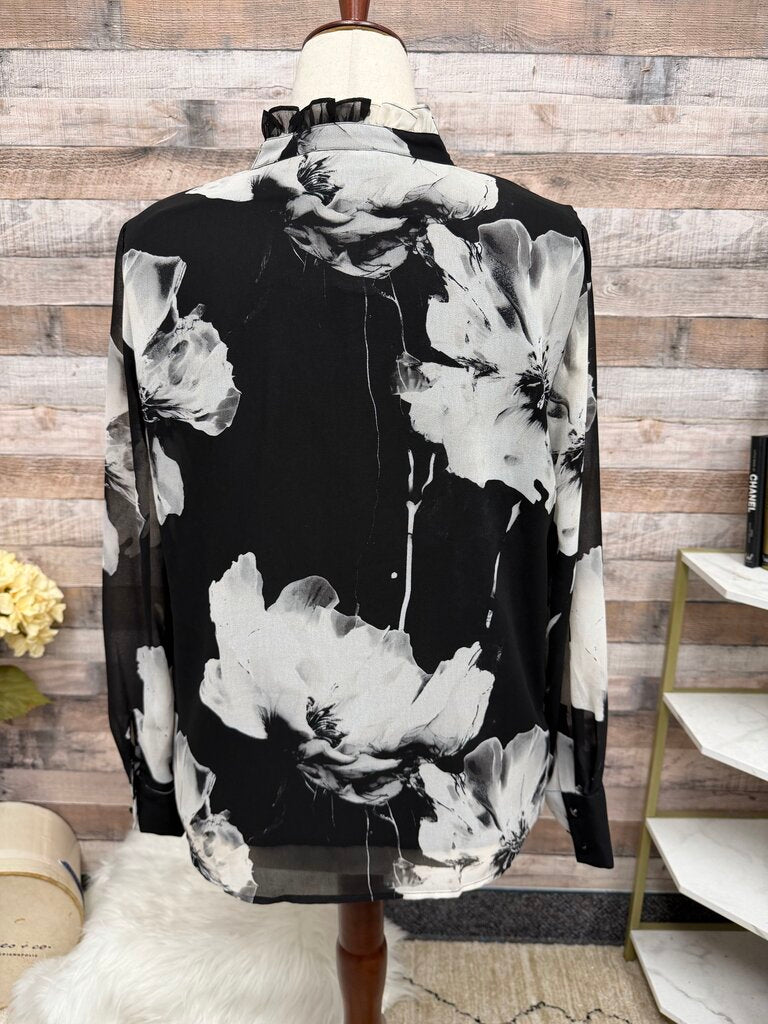 Calvin Klein black with floral print long sleeve with ruffle detail