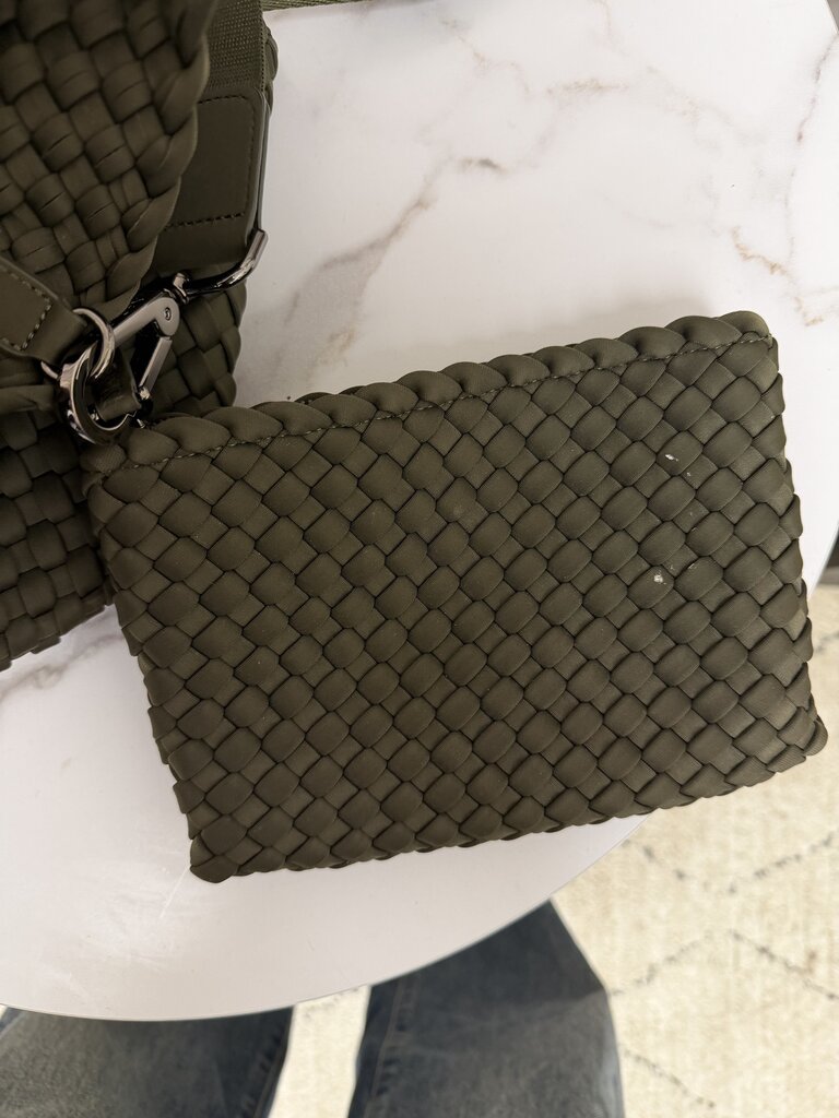Naghedi Olive Green Neoprene Woven Tote w/Matching Clutch