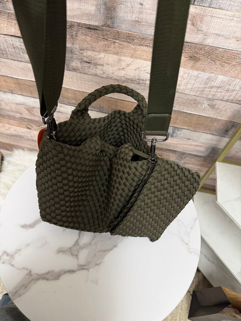 Naghedi Olive Green Neoprene Woven Tote w/Matching Clutch