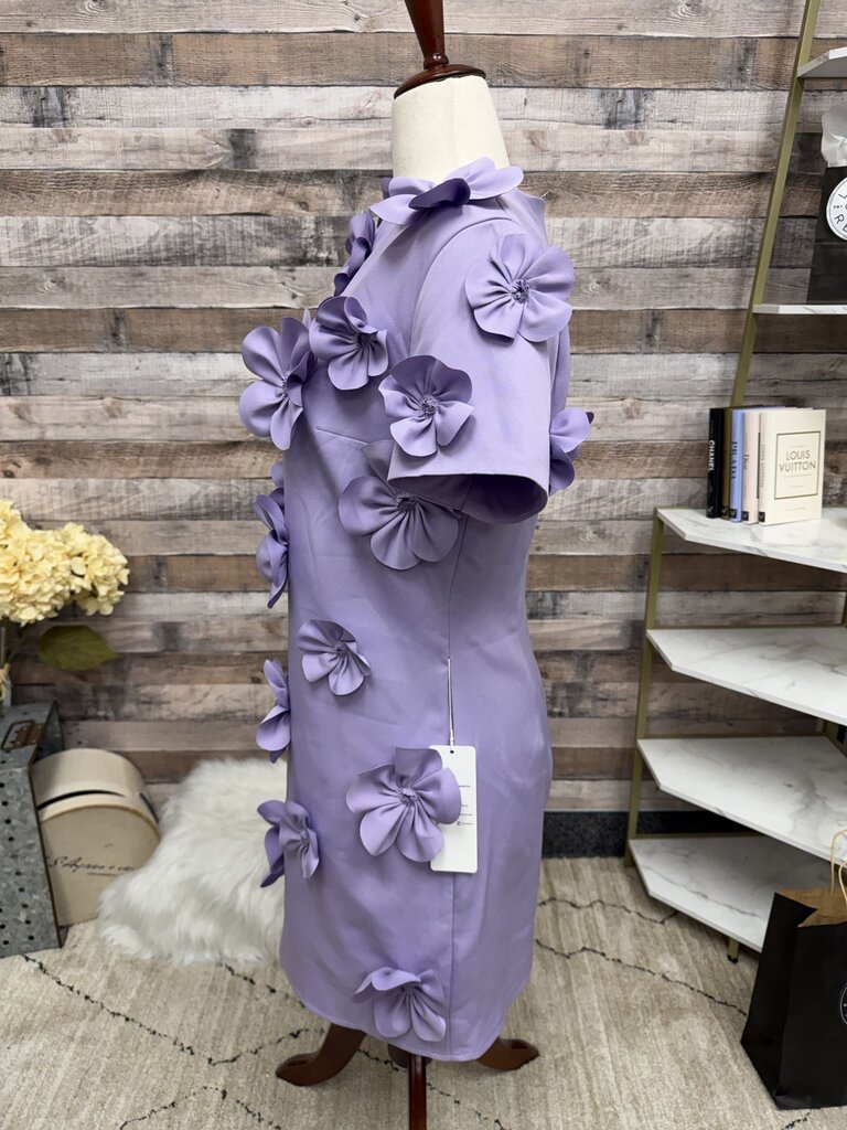 no label purple dress with floral appliqué