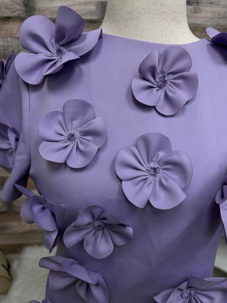 no label purple dress with floral appliqué