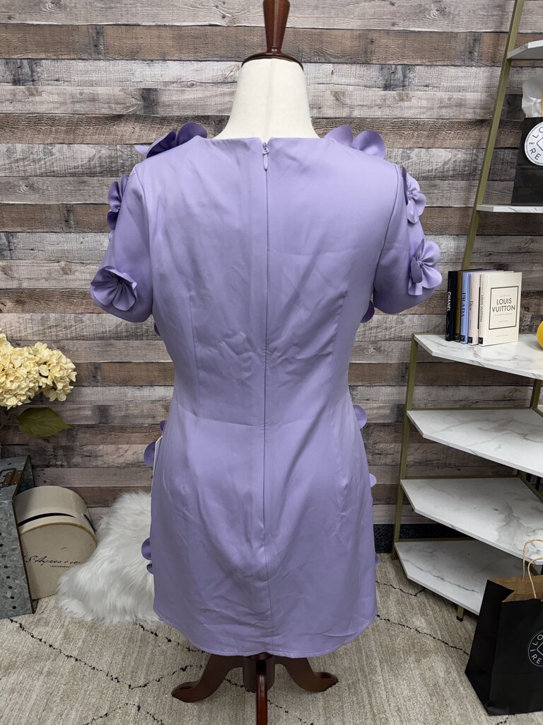 no label purple dress with floral appliqué