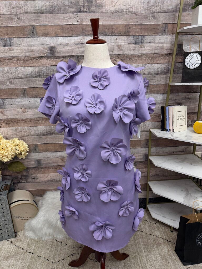 no label purple dress with floral appliqué