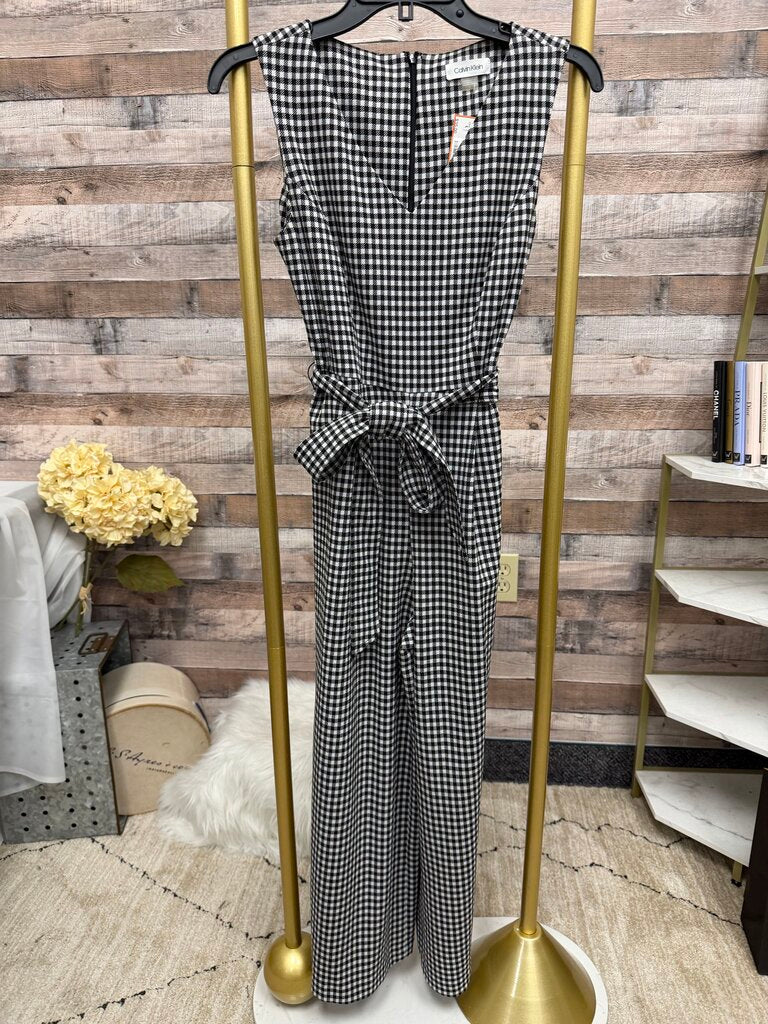 Calvin Klein black white gingham sleeveless belted wide leg jumpsuit