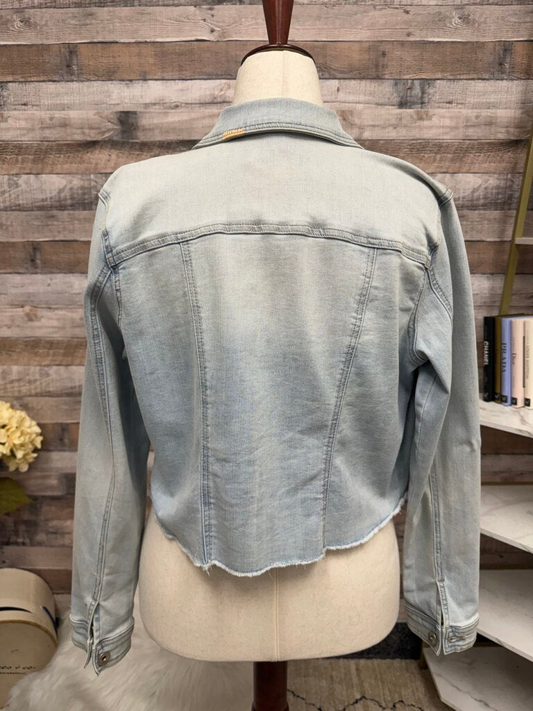 Tribal Jeans light wash crop denim jacket with coral stitching