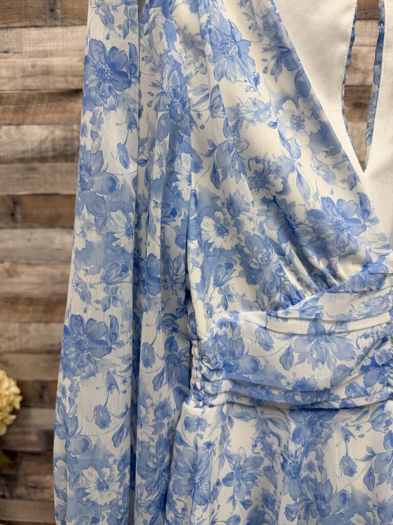 Altar'd State blue/white floral print peplum top long sleeve dress
