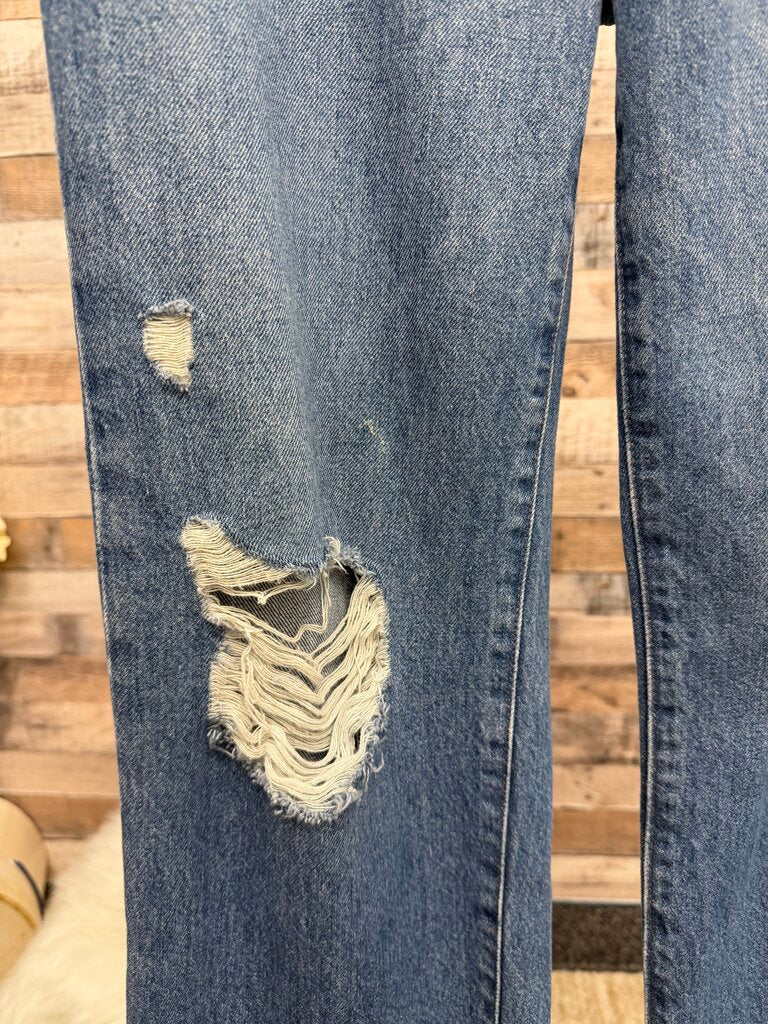 Express high rise straight leg with distressed details and raw hem