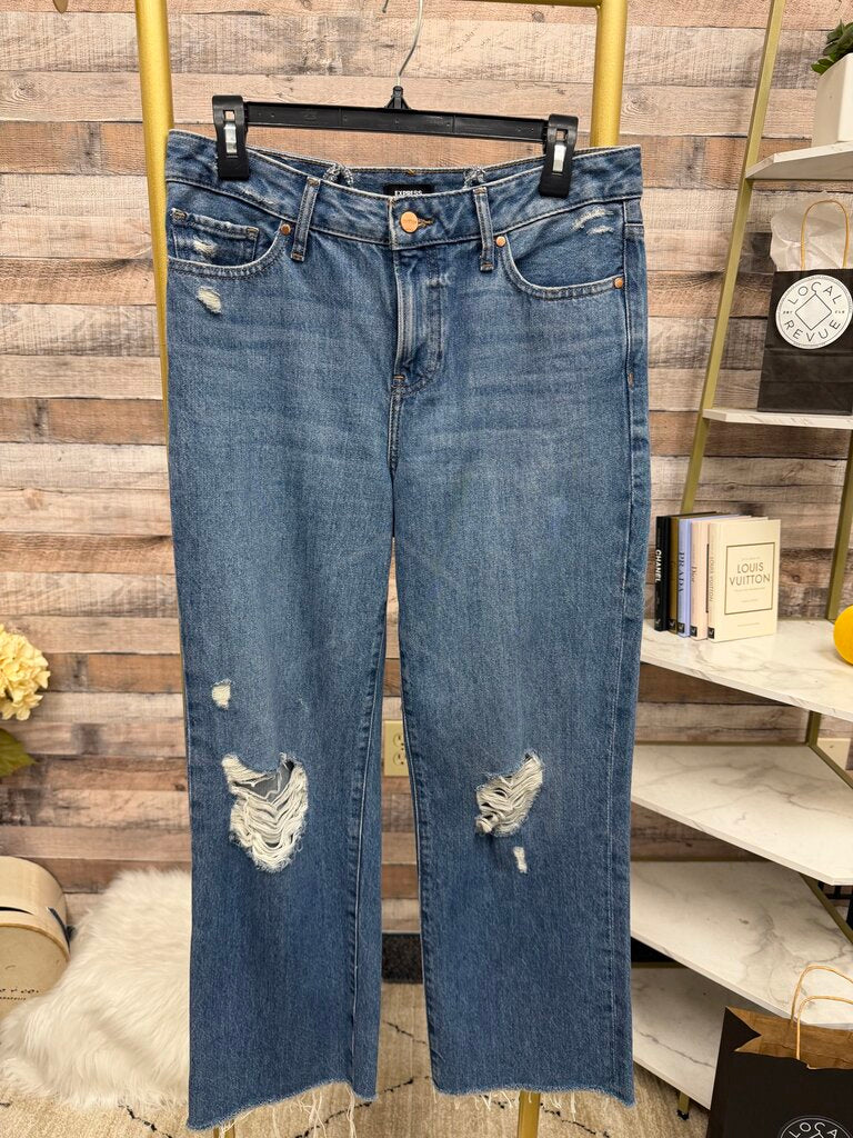 Express high rise straight leg with distressed details and raw hem