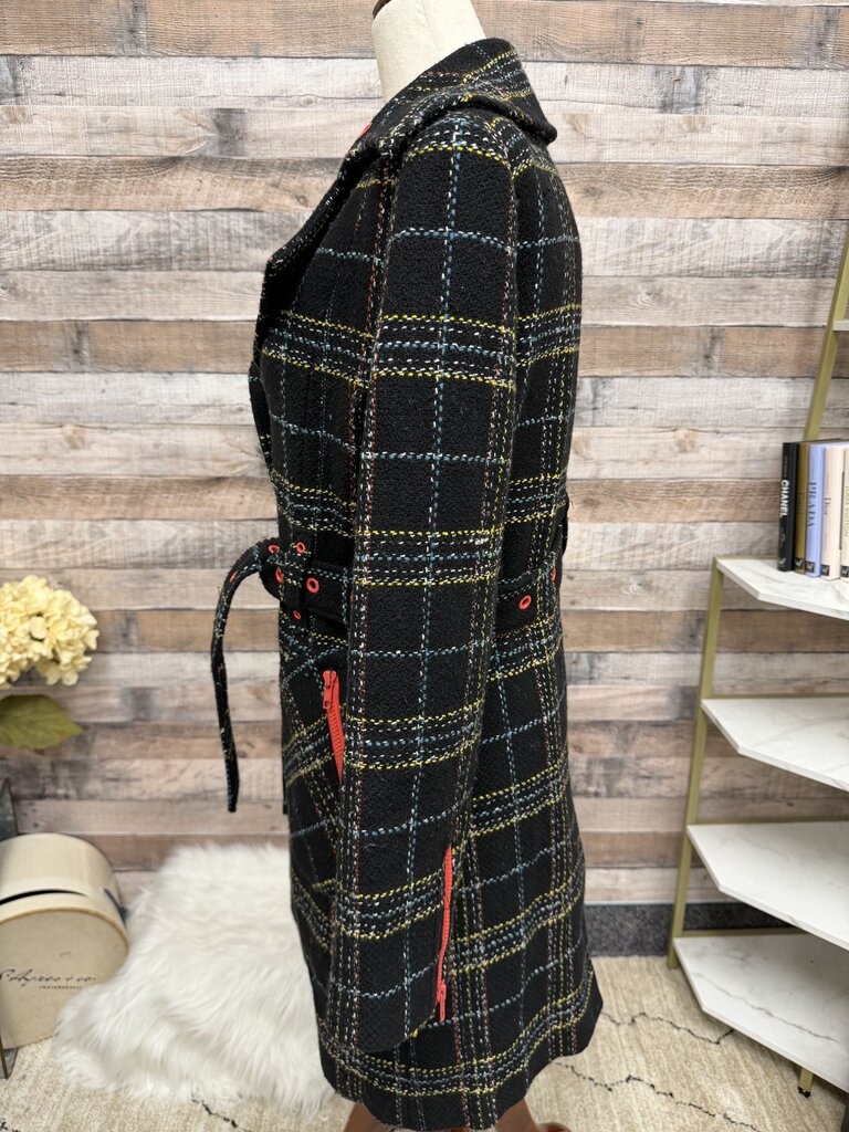 Guess black plaid w/red detail double breasted trench with belt