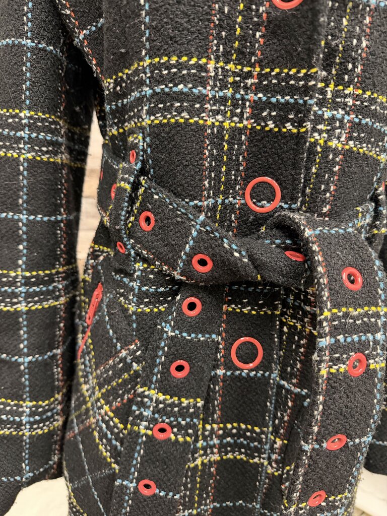 Guess black plaid w/red detail double breasted trench with belt