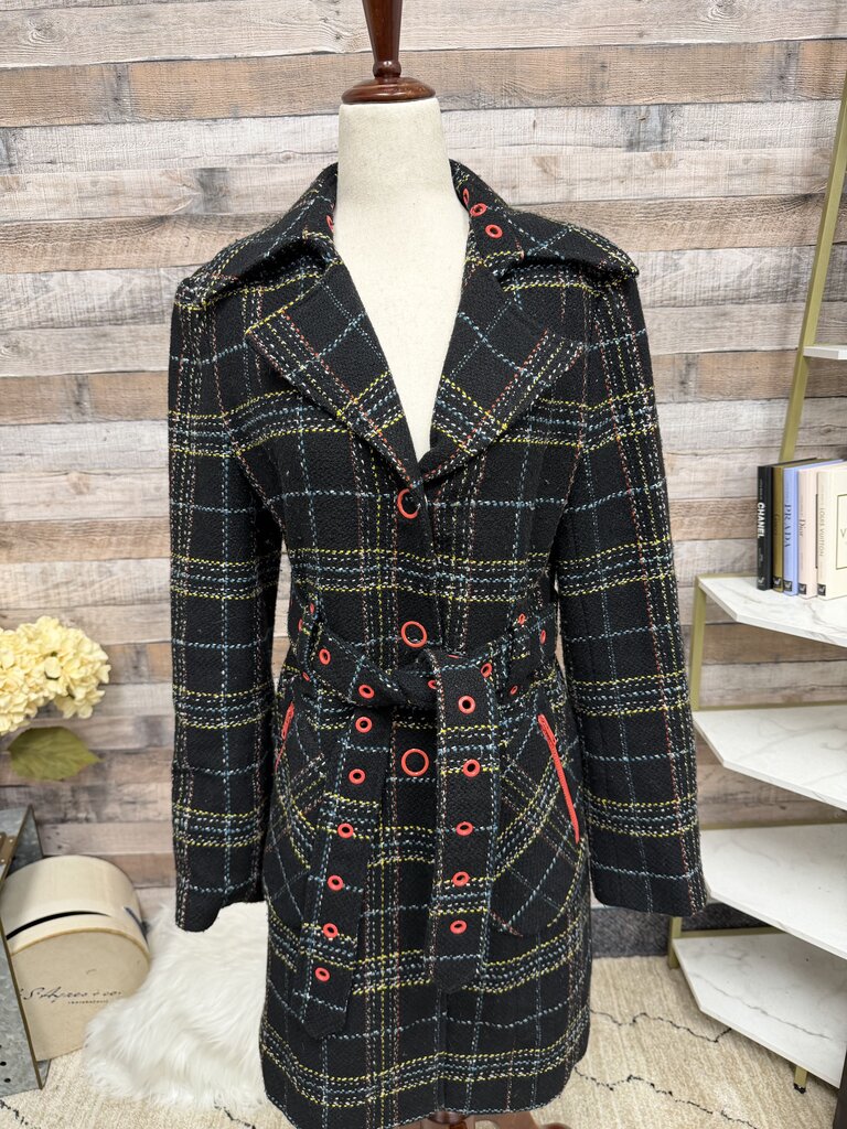 Guess black plaid w/red detail double breasted trench with belt