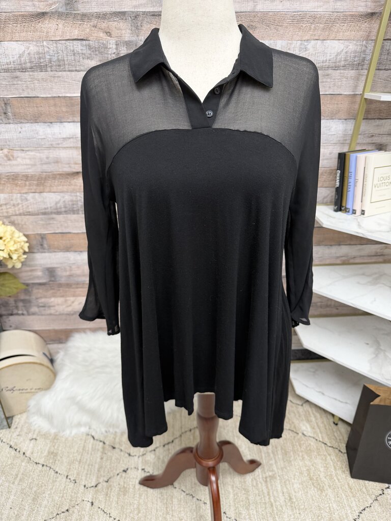 Cupio black mesh long sleeve with collar top