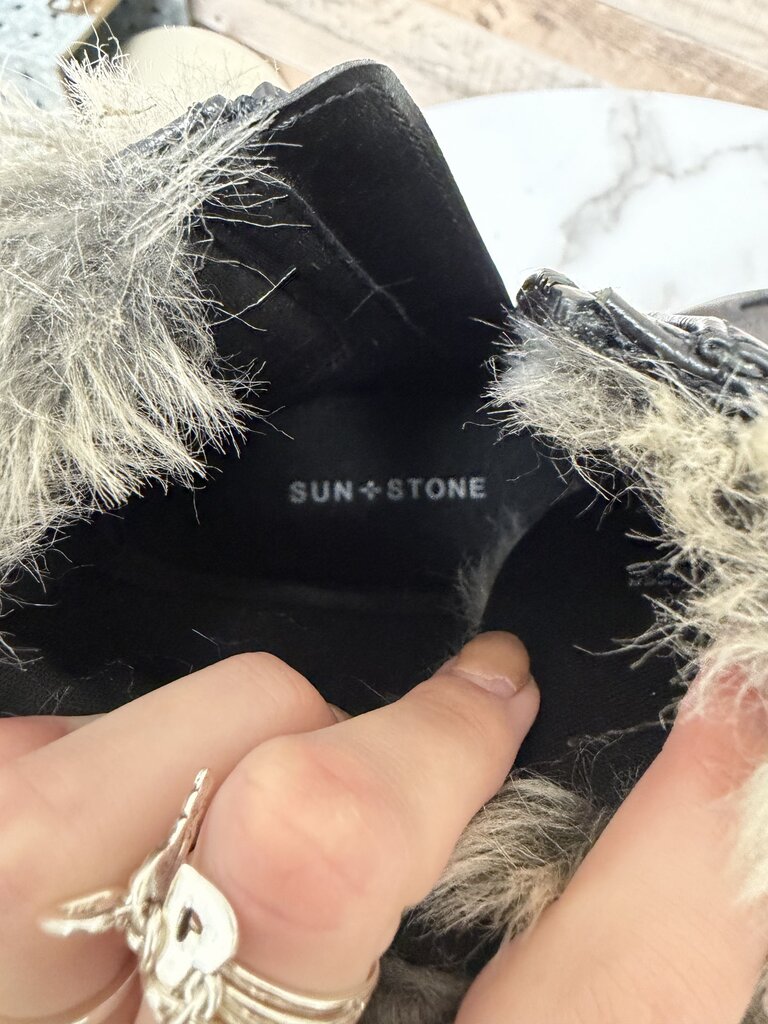 Sun +Stone faux leather combat boot with faux fur trim